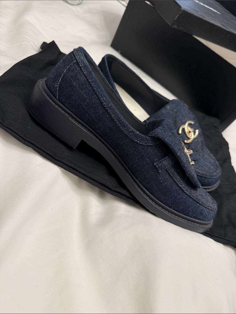 CHANEL Denim Loafers with Gold CC Hardware in Dark Blue.Box & dust bags included - Picture 7 of 8